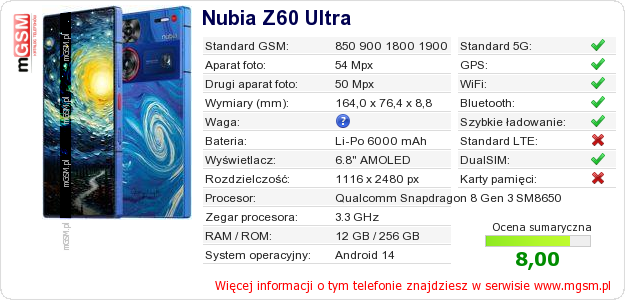 Dane telefonu Nubia Z60 Ultra