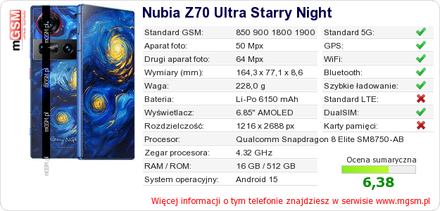 Dane telefonu Nubia Z70 Ultra Starry Night