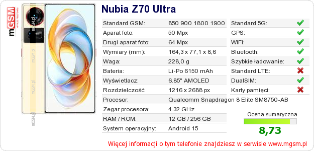 Dane telefonu Nubia Z70 Ultra