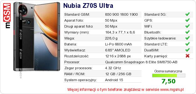 Dane telefonu Nubia Z70S Ultra Dane telefonu Nubia Z70S Ultra