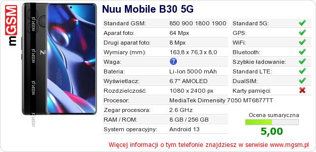 Dane telefonu Nuu Mobile B30 5G Dane telefonu Nuu Mobile B30 5G