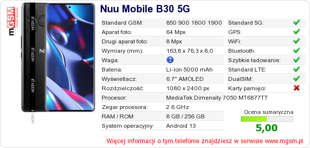 Dane telefonu Nuu Mobile B30 5G Dane telefonu Nuu Mobile B30 5G