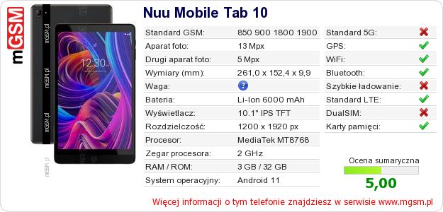 Dane telefonu Nuu Mobile Tab 10 Dane telefonu Nuu Mobile Tab 10