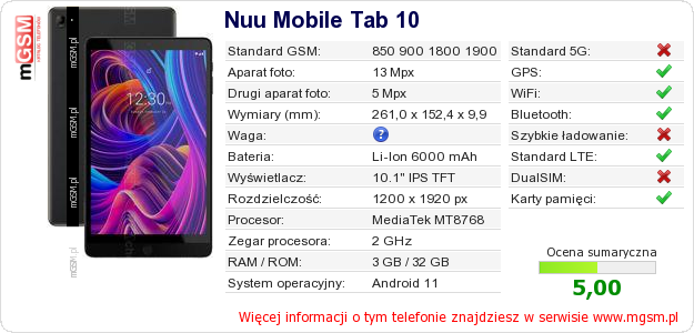 Dane telefonu Nuu Mobile Tab 10