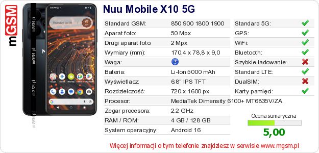 Dane telefonu Nuu Mobile X10 5G Dane telefonu Nuu Mobile X10 5G