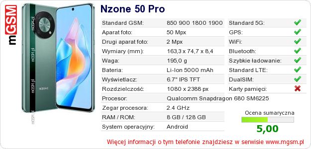 Dane telefonu Nzone 50 Pro