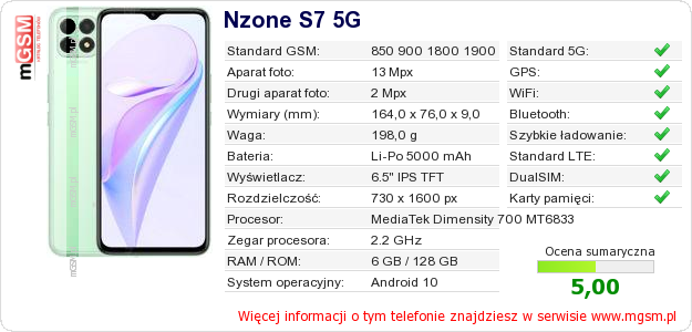 Dane telefonu Nzone S7 5G