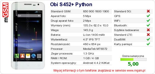 Dane telefonu Obi S452+ Python Dane telefonu Obi S452+ Python