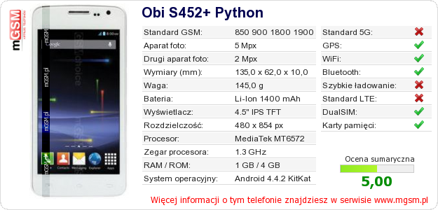 Dane telefonu Obi S452+ Python