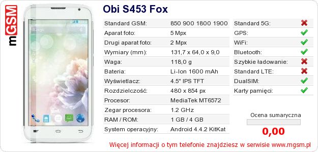 Dane telefonu Obi S453 Fox Dane telefonu Obi S453 Fox