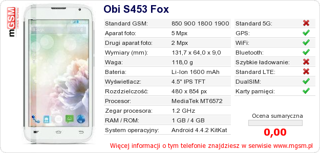 Dane telefonu Obi S453 Fox