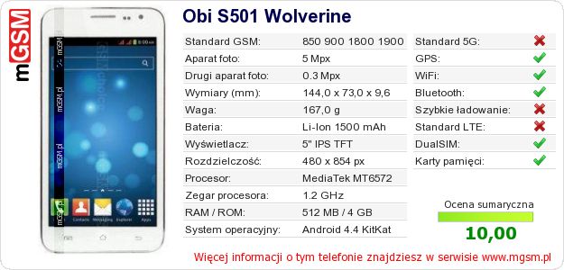 Dane telefonu Obi S501 Wolverine