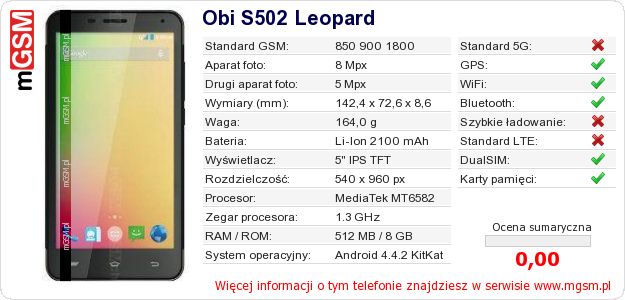 Dane telefonu Obi S502 Leopard
