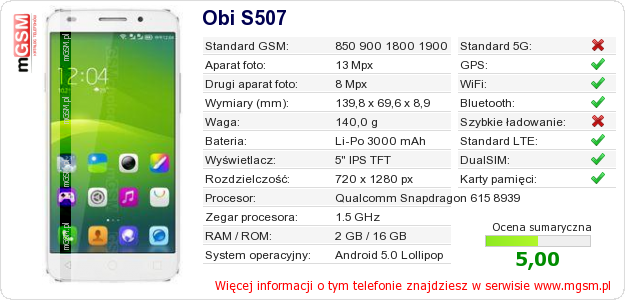 Dane telefonu Obi S507 Dane telefonu Obi S507