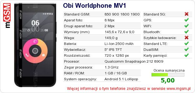 Dane telefonu Obi Worldphone MV1
