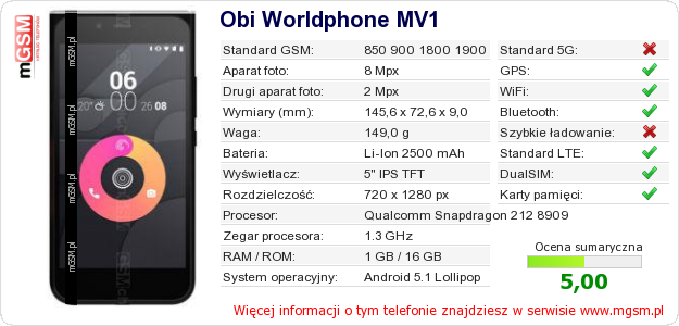 Dane telefonu Obi Worldphone MV1