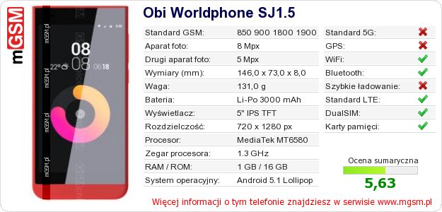 Dane telefonu Obi Worldphone SJ1.5