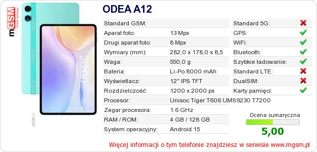 Dane telefonu ODEA A12