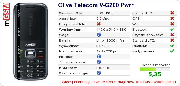 Dane telefonu Olive Telecom V-G200 Pwrr Dane telefonu Olive Telecom V-G200 Pwrr
