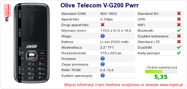 Dane telefonu Olive Telecom V-G200 Pwrr Dane telefonu Olive Telecom V-G200 Pwrr