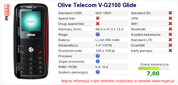 Dane telefonu Olive Telecom V-G2100 Glide Dane telefonu Olive Telecom V-G2100 Glide