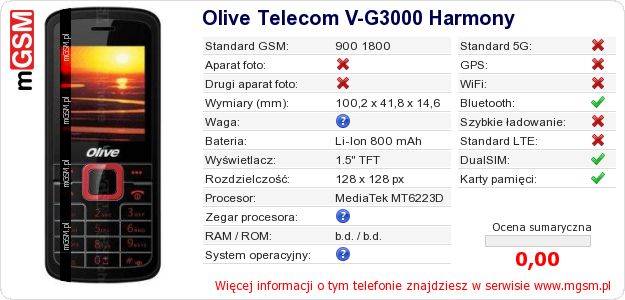 Dane telefonu Olive Telecom V-G3000 Harmony