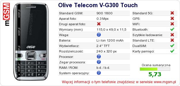 Dane telefonu Olive Telecom V-G300 Touch