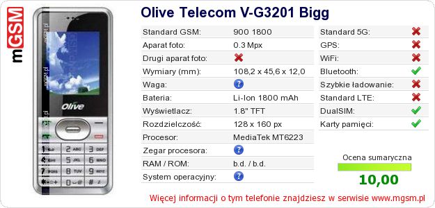 Dane telefonu Olive Telecom V-G3201 Bigg Dane telefonu Olive Telecom V-G3201 Bigg