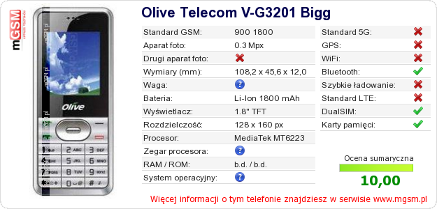 Dane telefonu Olive Telecom V-G3201 Bigg