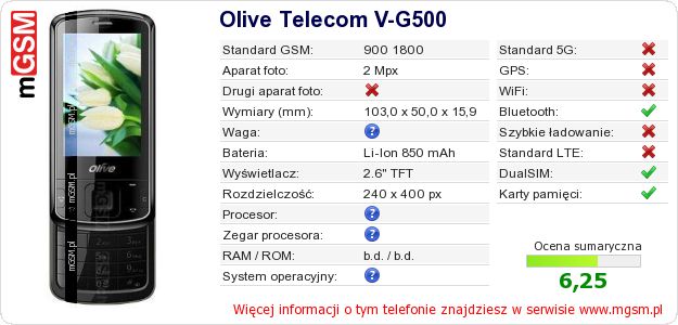 Dane telefonu Olive Telecom V-G500