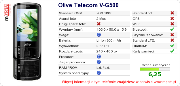 Dane telefonu Olive Telecom V-G500 Dane telefonu Olive Telecom V-G500