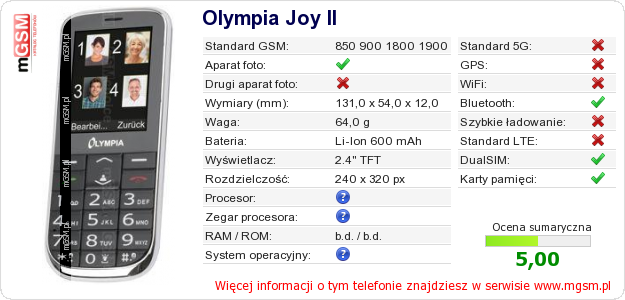 Dane telefonu Olympia Joy II