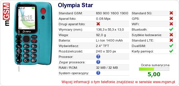 Dane telefonu Olympia Star Dane telefonu Olympia Star