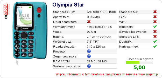 Dane telefonu Olympia Star Dane telefonu Olympia Star
