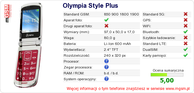 Dane telefonu Olympia Style Plus