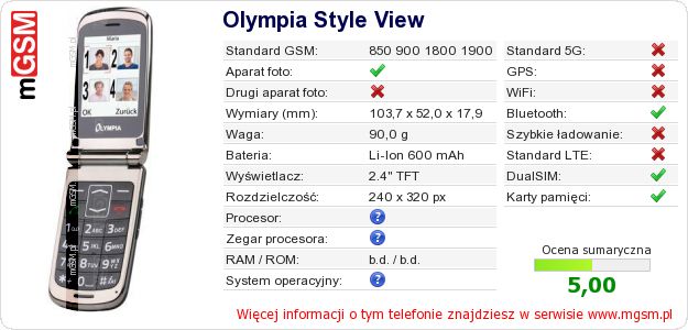 Dane telefonu Olympia Style View Dane telefonu Olympia Style View