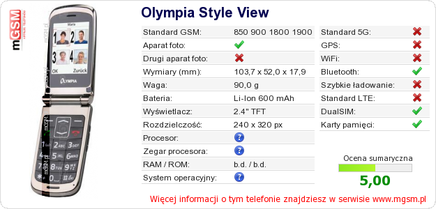 Dane telefonu Olympia Style View Dane telefonu Olympia Style View