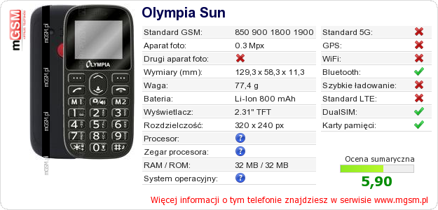 Dane telefonu Olympia Sun