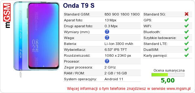 Dane telefonu Onda T9 S