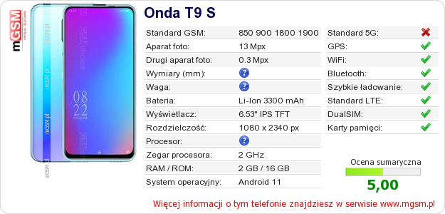 Dane telefonu Onda T9 S Dane telefonu Onda T9 S