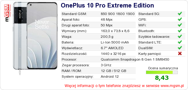 Dane telefonu OnePlus 10 Pro Extreme Edition