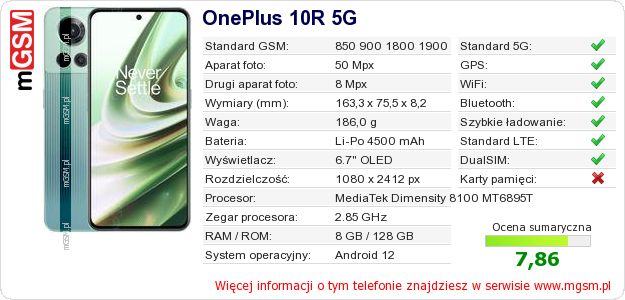 Dane telefonu OnePlus 10R 5G Dane telefonu OnePlus 10R 5G