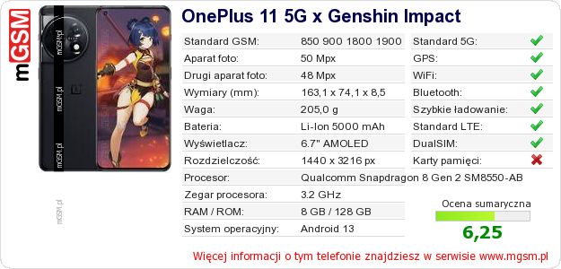 Dane telefonu OnePlus 11 5G x Genshin Impact