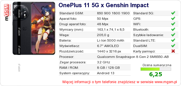 Dane telefonu OnePlus 11 5G x Genshin Impact