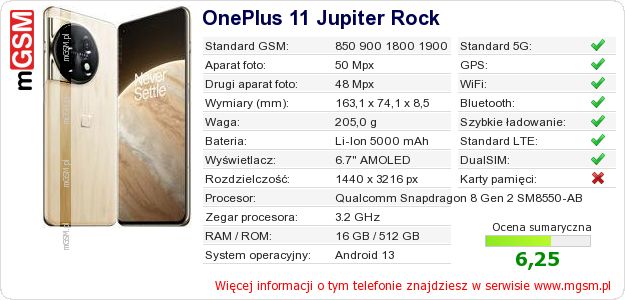 Dane telefonu OnePlus 11 Jupiter Rock