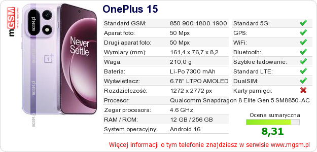 Dane telefonu OnePlus 15 Dane telefonu OnePlus 15
