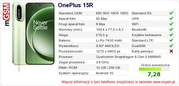 Dane telefonu OnePlus 15R Dane telefonu OnePlus 15R