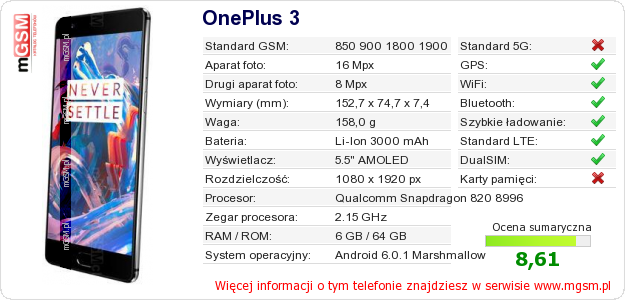 Dane telefonu OnePlus 3