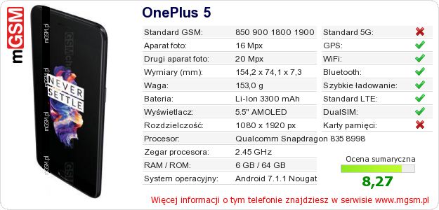 Dane telefonu OnePlus 5 Dane telefonu OnePlus 5