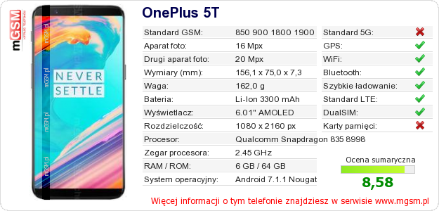 Dane telefonu OnePlus 5T Dane telefonu OnePlus 5T